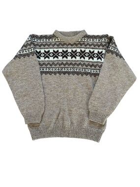 Husfliden Oslo Handknit Wool Sweater Fair Isle Womens Small Beige Neutral Brown